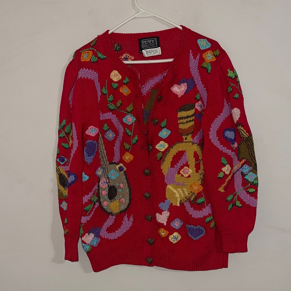 Vintage Berek Bergdorf Goodman red knit whimsical grandmacore cardigan sweater M - Picture 2 of 9